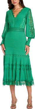 Tadashi Shoji Lace Pintuck Long Sleeve Cocktail Dress