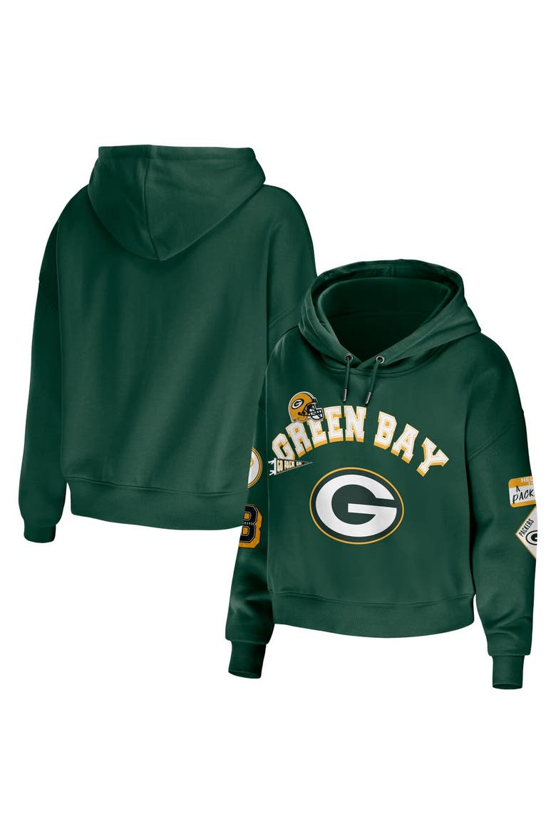 Women's WEAR by Erin Andrews Green Green Bay Packers Plus Size Modest Cropped Pullover Hoodie, Main, color, Green