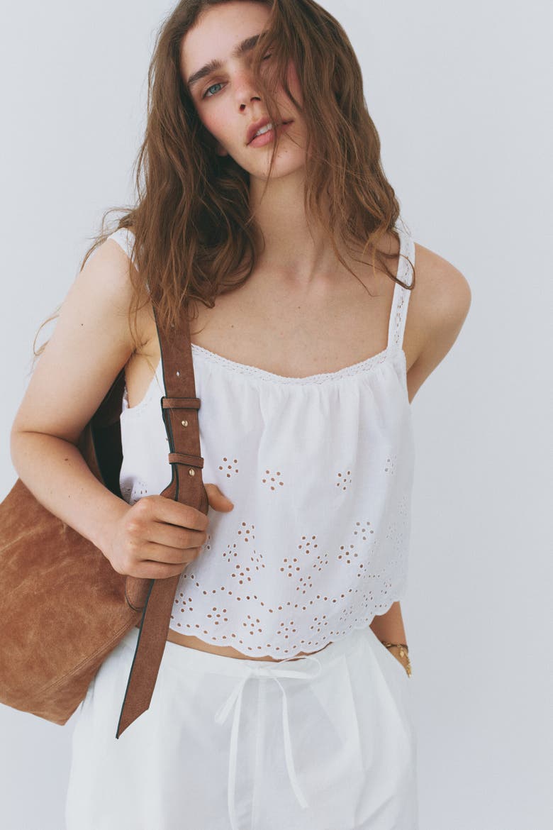 Broderie-anglaise Cotton Top, Main, color, White