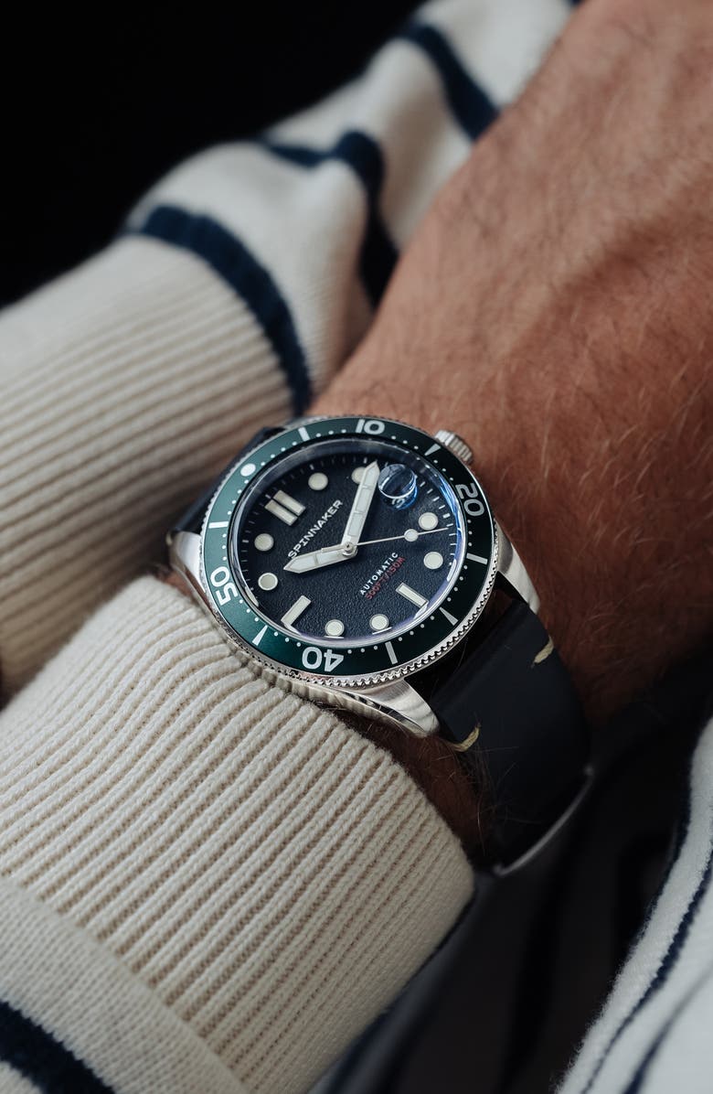 SPINNAKER Croft Midsize Automatic Leather Strap Watch, 40mm, Alternate, color, Black