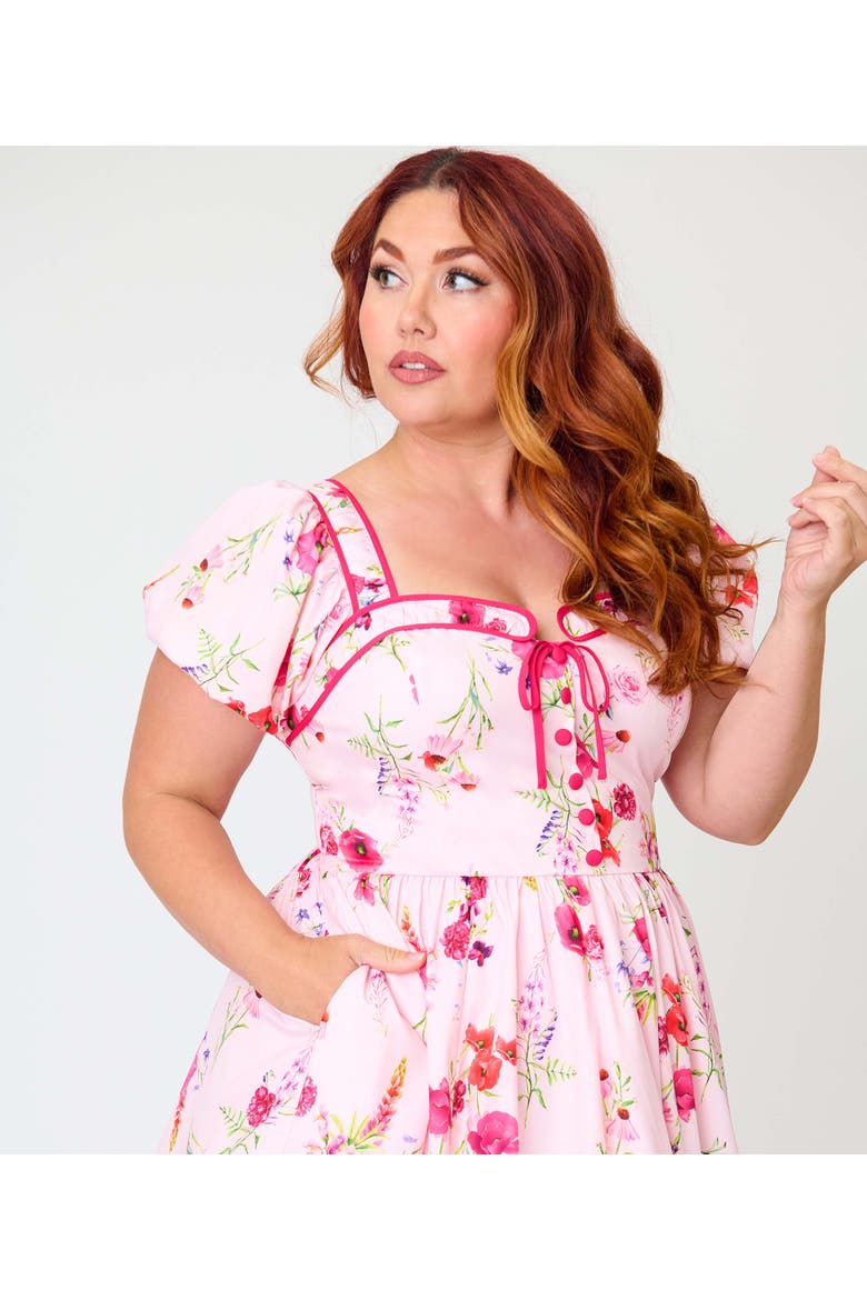Plus Size 1940s Sweetheart Button Front Swing Dress, Alternate, color, Pink Floral Print