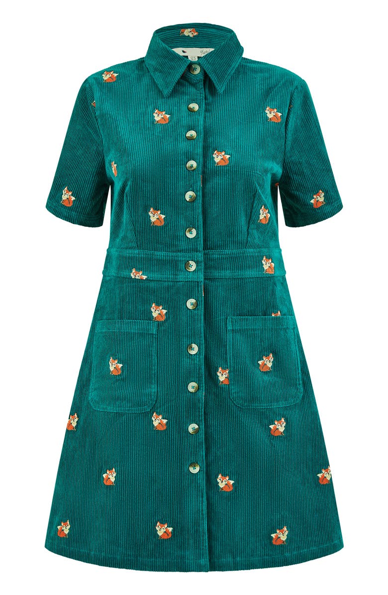Yumi Fox Embroidered Cord Shirt Dress, Alternate, color, Teal