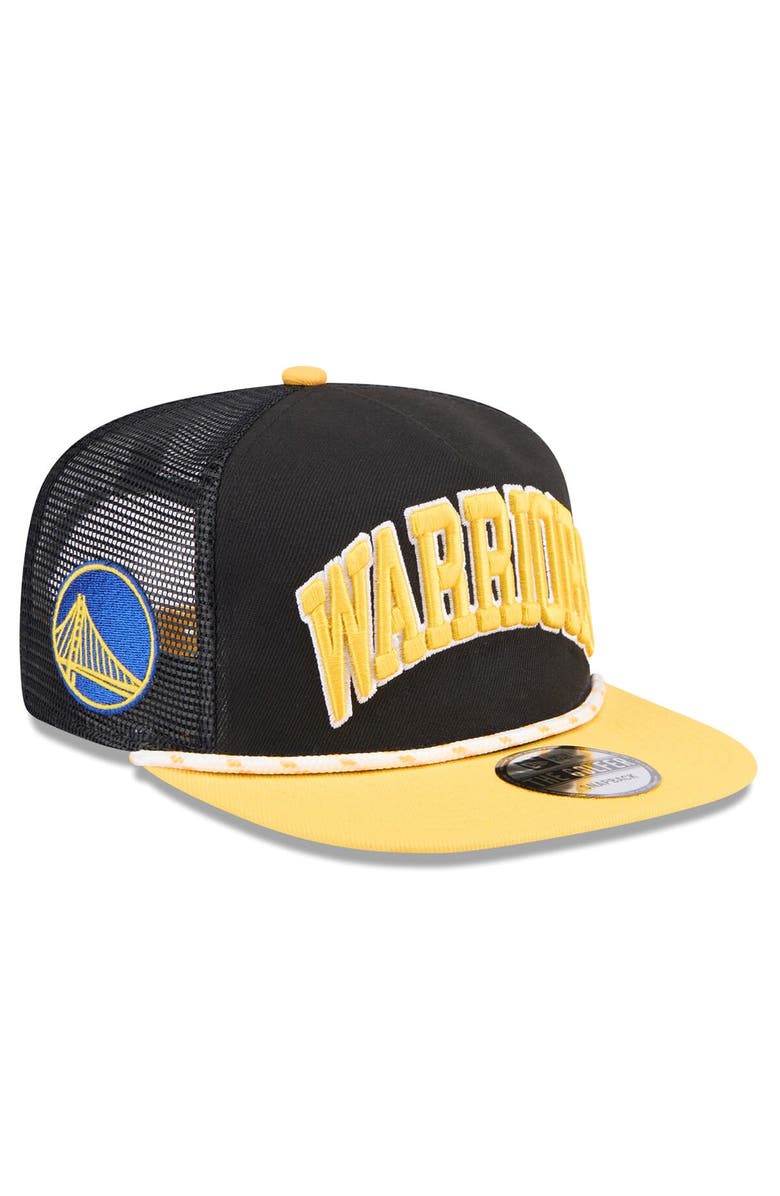 New Era Men's New Era Black/Gold Golden State Warriors Throwback Team Arch Golfer Snapback Hat, Main, color, 