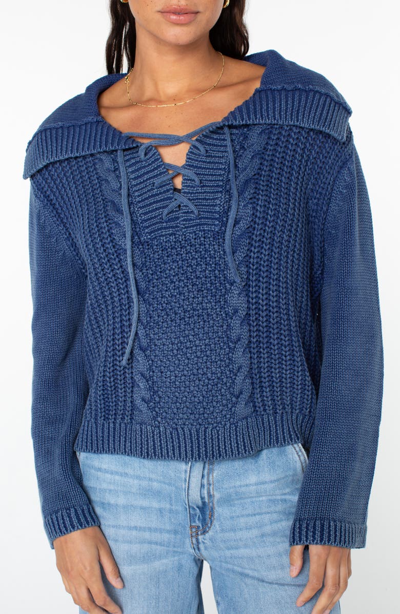 Roxy Fair Winds Cotton Lace-Up Sweater, Main, color, Mazzarine