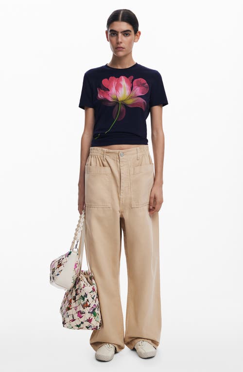 Desigual Fitted Floral Crop T-shirt In Navy Blue