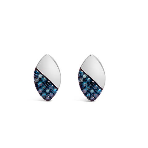 Silver 1/6 Ct Blue Diamond and Mirror Polish Pear Shape Stud Earrings