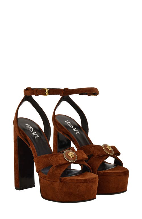 Versace Gianni Ribbon Suede Platform Sandal In Brown