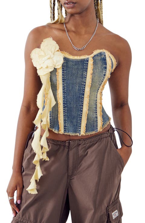 Rosette Ruffle Strapless Denim Corset Top