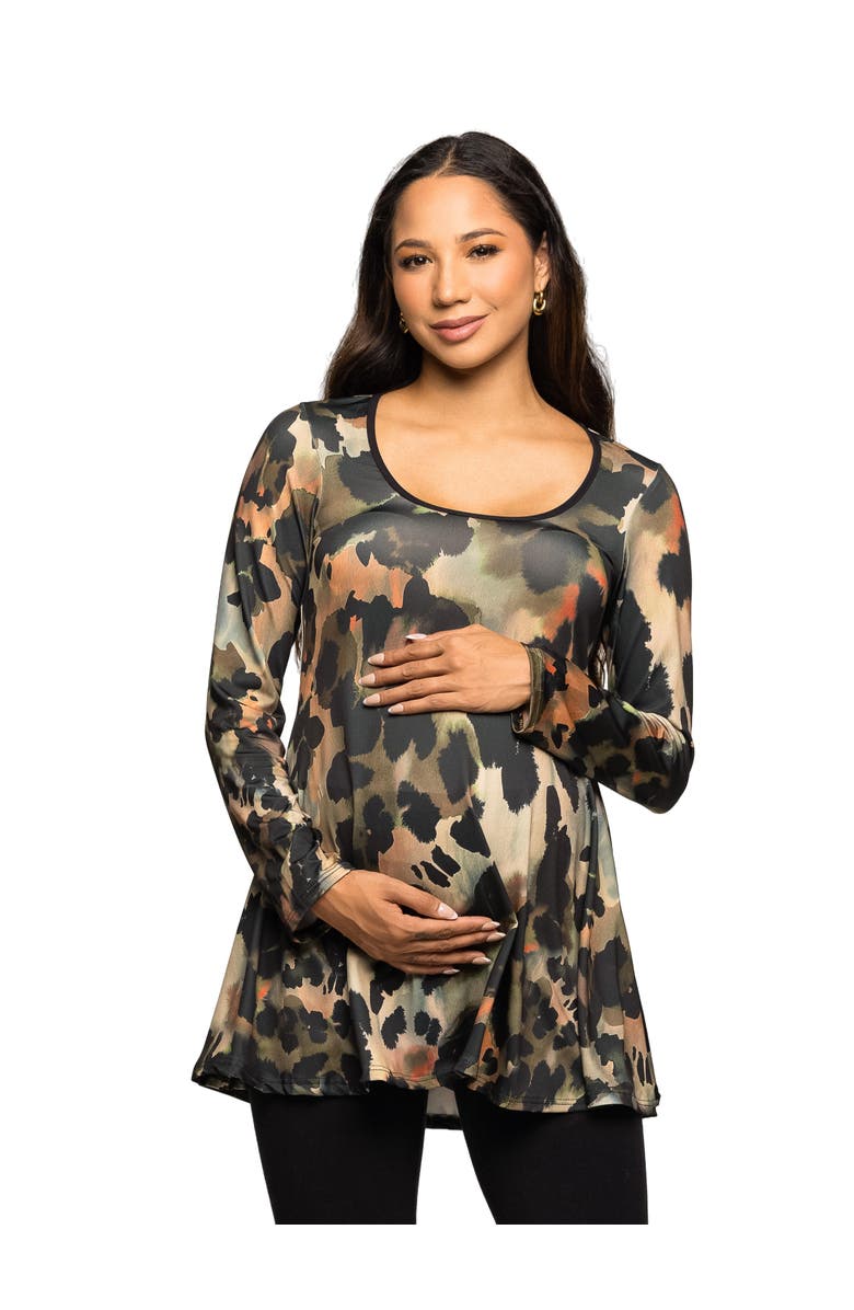 24seven Comfort Apparel Long Sleeve Scoop Neck A-Line Top, Main, color, Green Multi