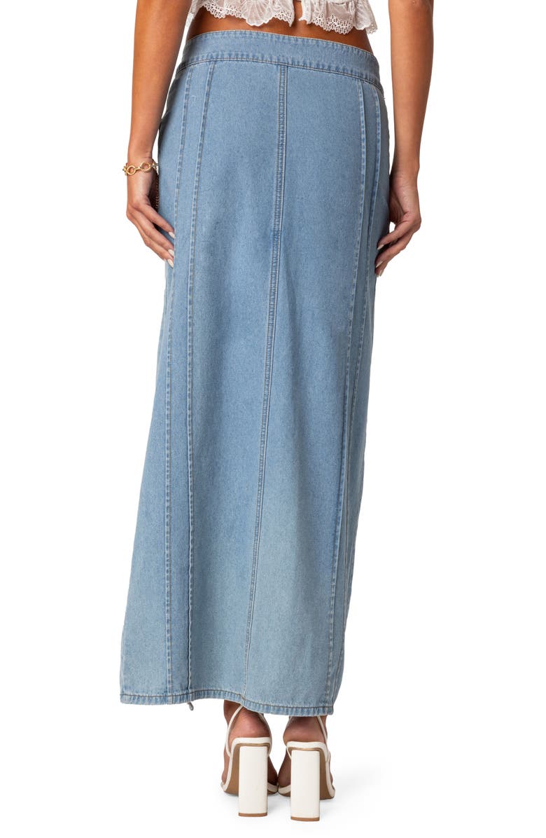 EDIKTED Valencia Ruffle Slit Front Denim Maxi Skirt, Alternate, color, Blue