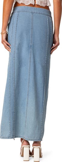EDIKTED Valencia Ruffle Slit Front Denim Maxi Skirt | Nordstrom EDIKTED Valencia Ruffle Slit Front Denim Maxi Skirt | Nordstrom