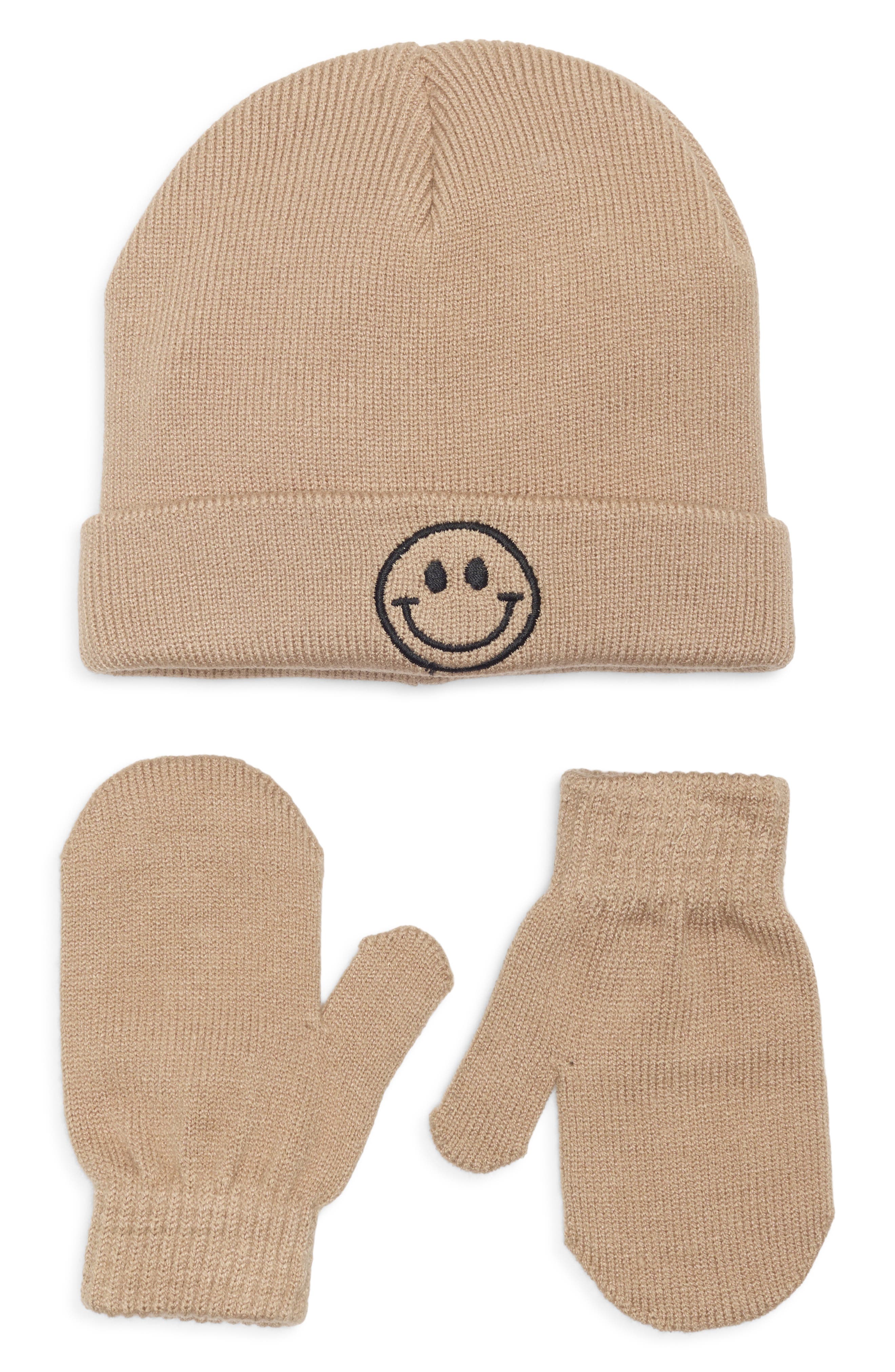 Capelli New York Kids' Smiley Embroidered Icon Knit Cuff Beanie & Mittens Set