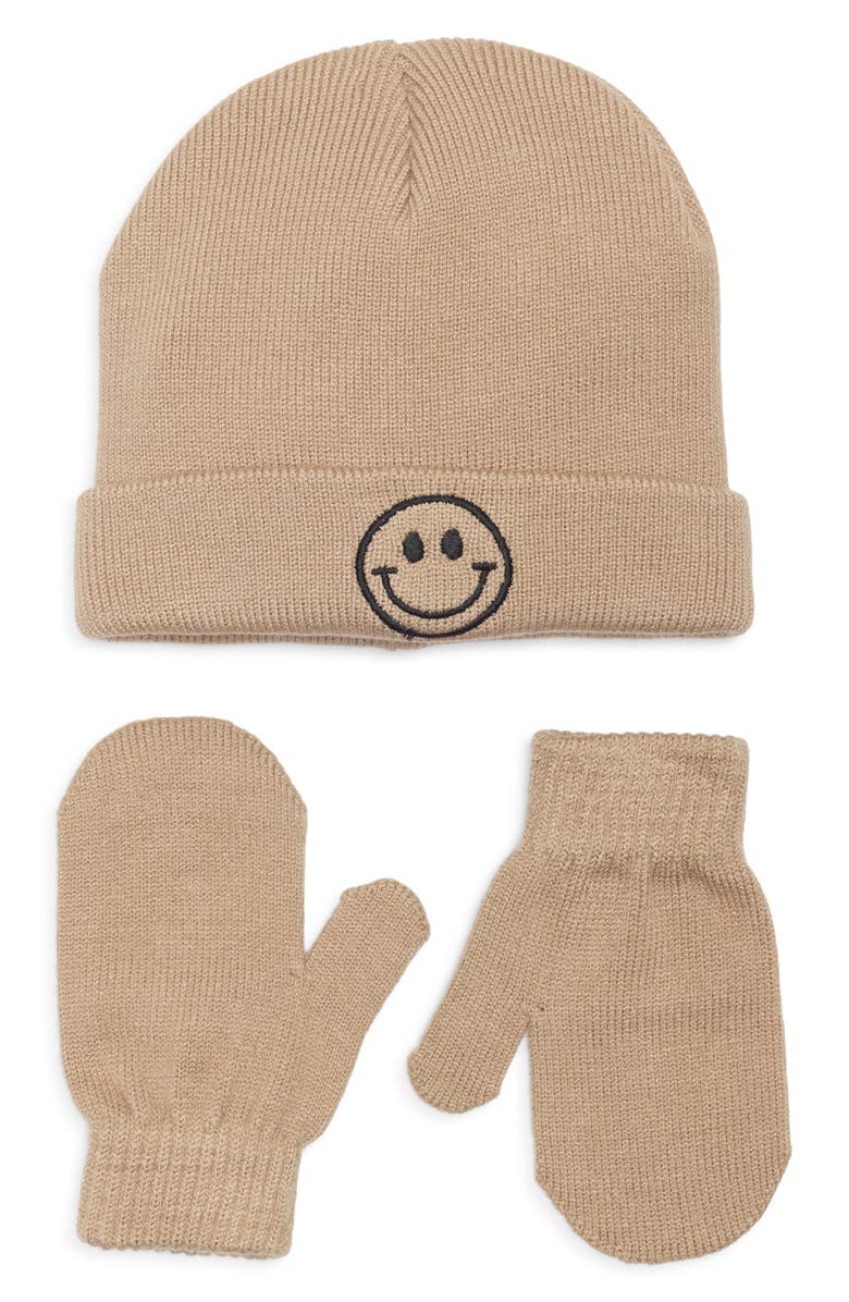 Capelli New York Kids' Smiley Embroidered Icon Knit Cuff Beanie & Mittens Set, Main, color, Taupe