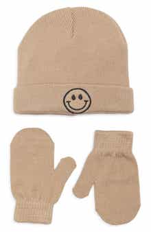 Capelli New York Kids' Smiley Embroidered Icon Knit Cuff Beanie & Mittens Set