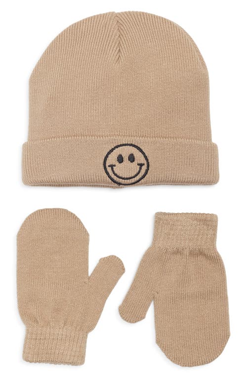 Capelli New York Kids' Smiley Rib Cable Knit Pompom Beanie & Mittens Set in Taupe 