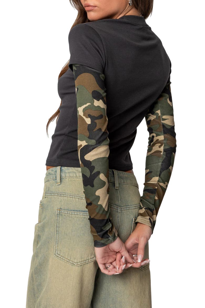 Camo Layered Long Sleeve Crop T-Shirt, Alternate, color, DARK-GRAY