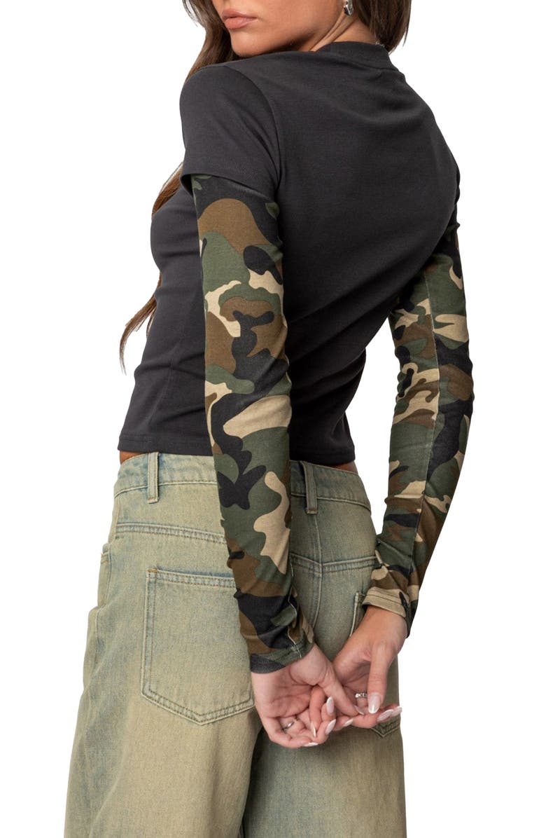 EDIKTED Camo Layered Long Sleeve Crop T-Shirt, Alternate, color, Dark-Gray