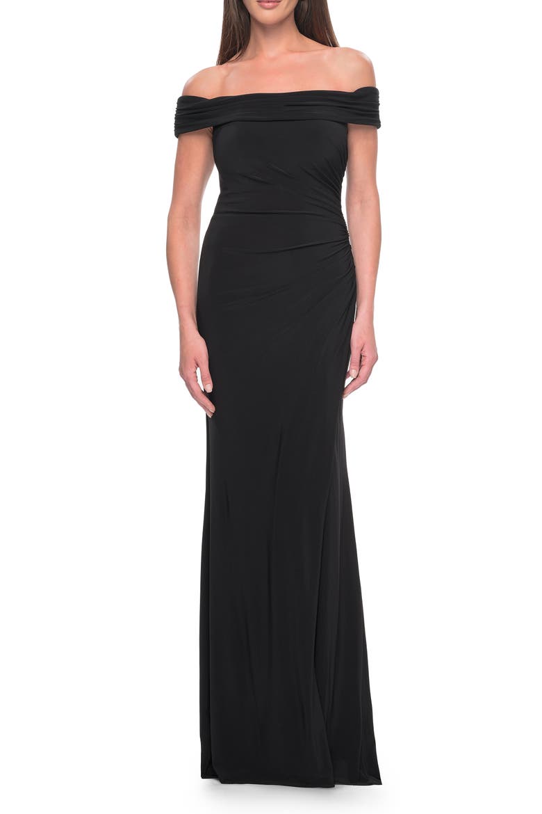 Off the Shoulder Jersey Dress with Ruching and Slit, Alternate, color, Black