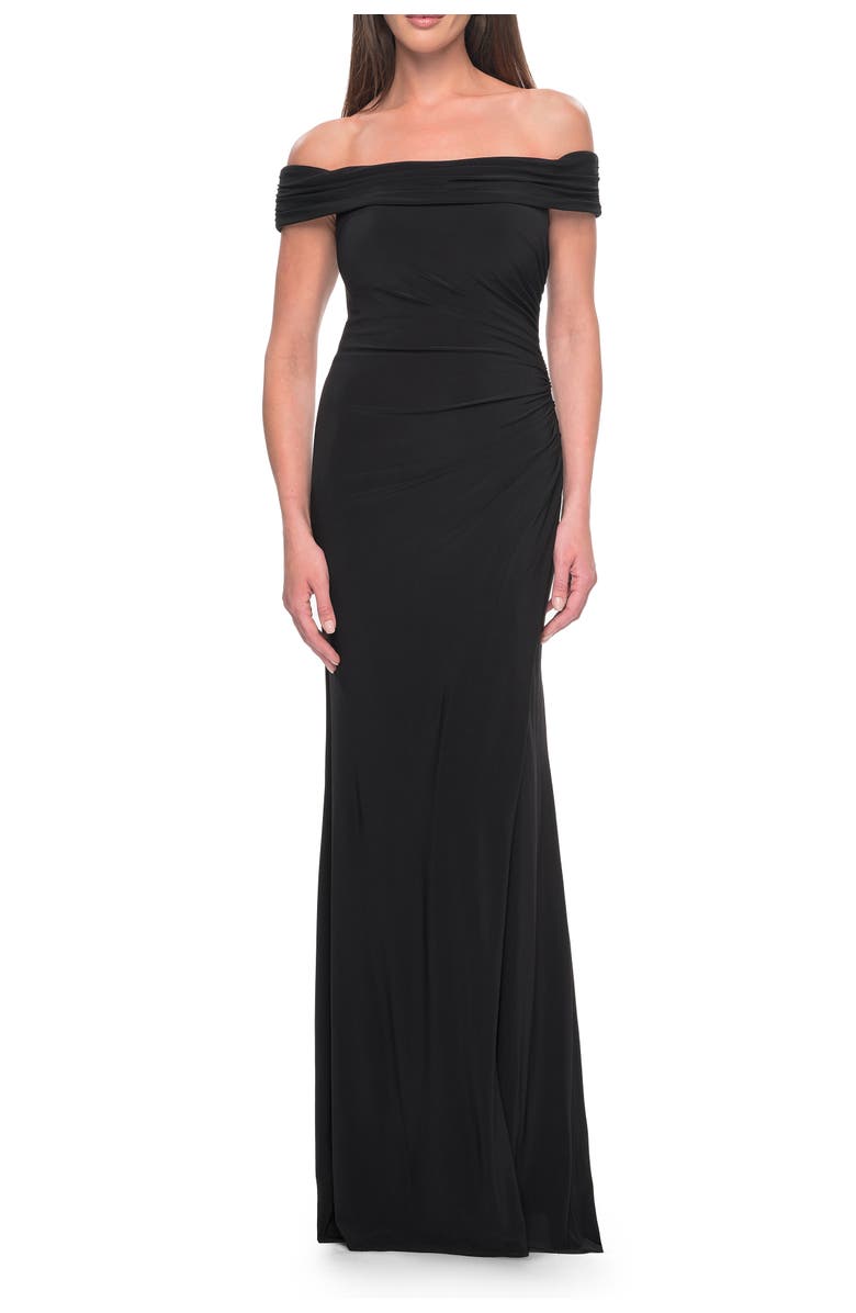 La Femme Off the Shoulder Jersey Dress with Ruching and Slit, Alternate, color, Black
