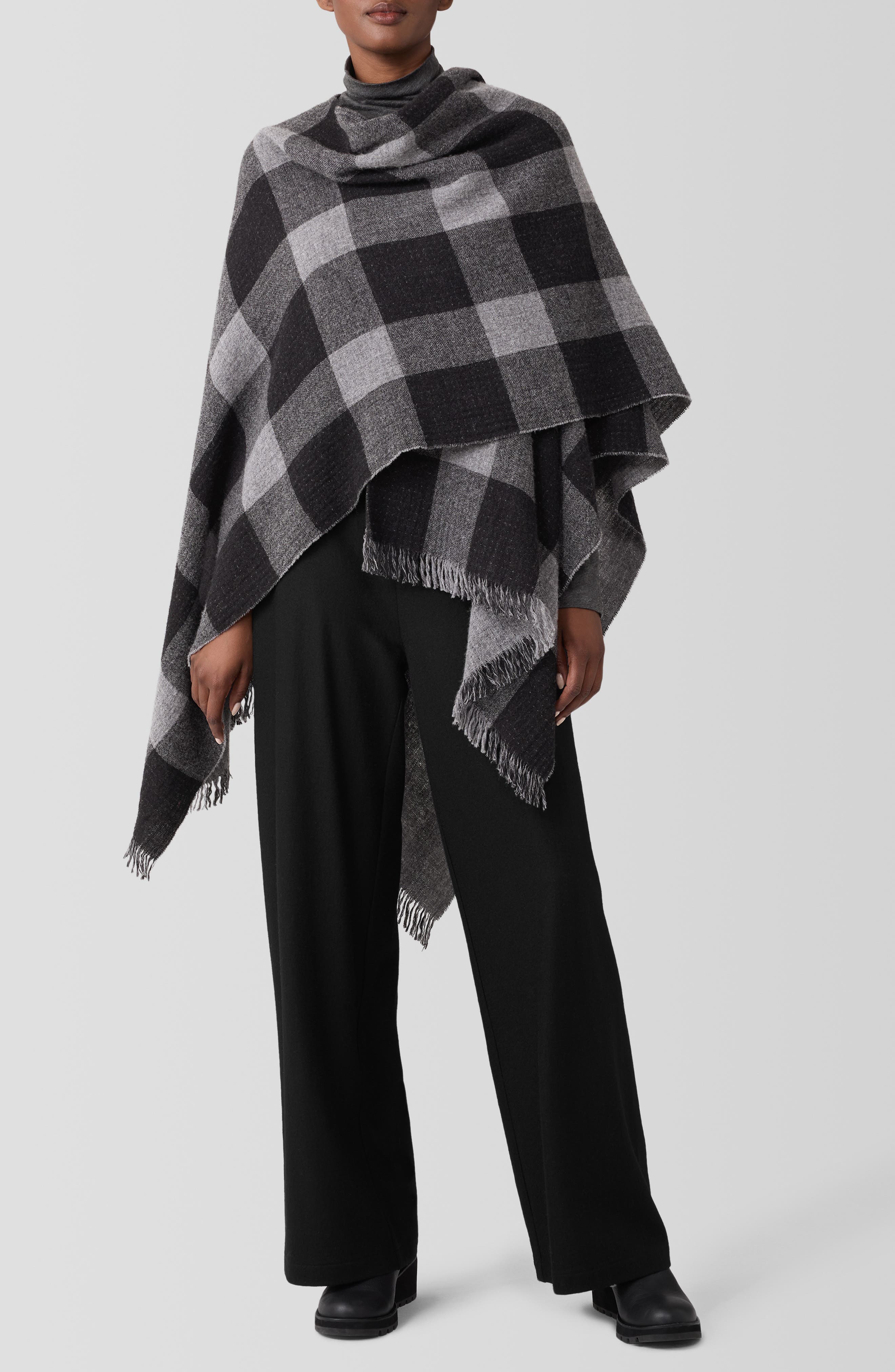 Eileen Fisher Check Wool Reversible Poncho Wrap