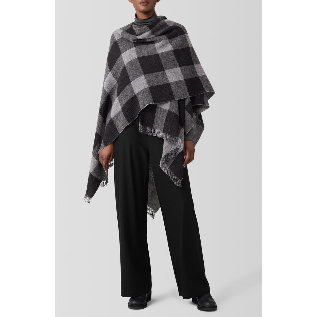 Eileen Fisher Check Wool Reversible Poncho Wrap In Gray