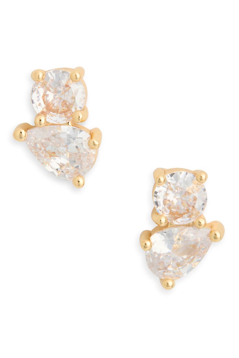 Round & Pear Cubic Zirconia Stud Earrings, Main, color, CLEAR- GOLD