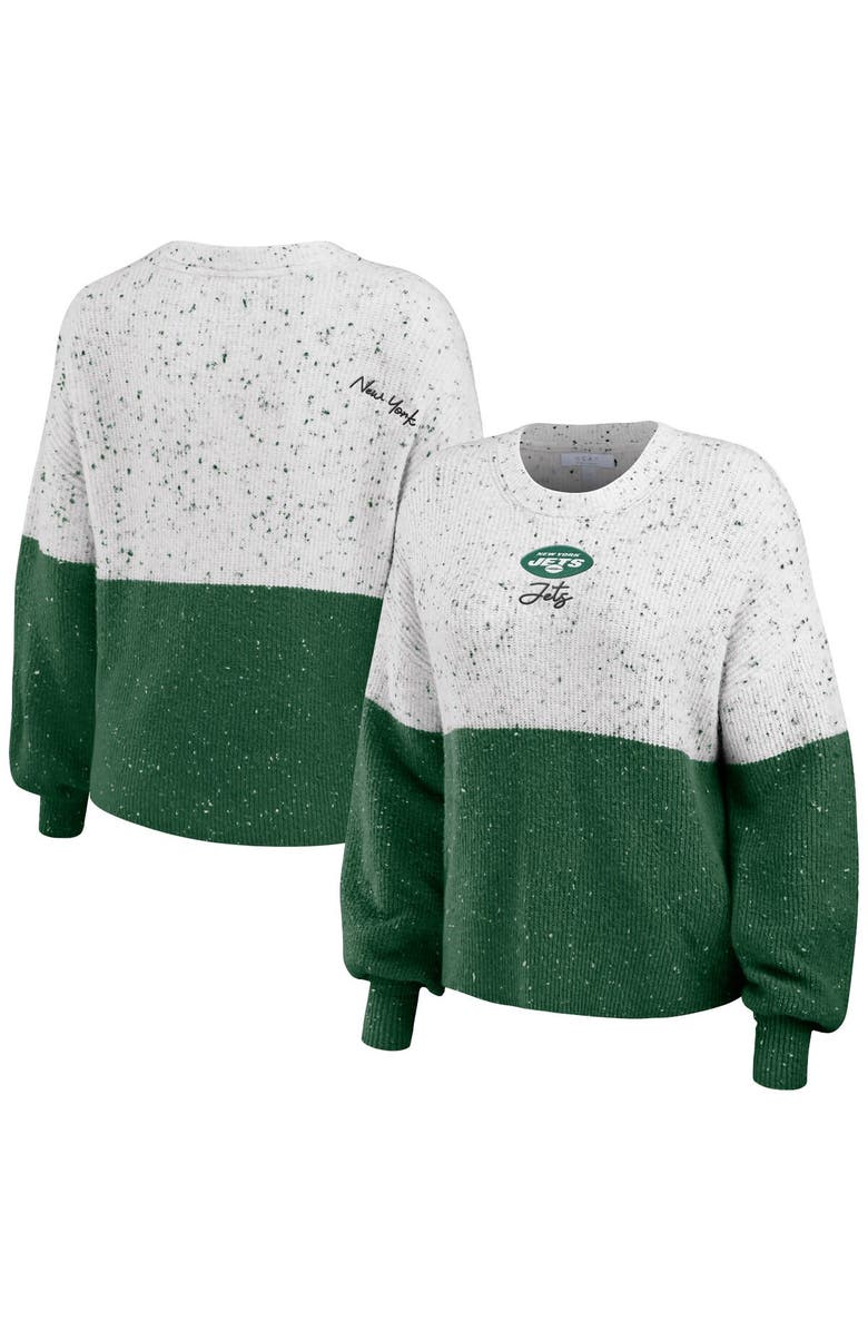 WEAR by Erin Andrews Women's WEAR by Erin Andrews White/Green New York Jets Color-Block Pullover Sweater, Main, color,