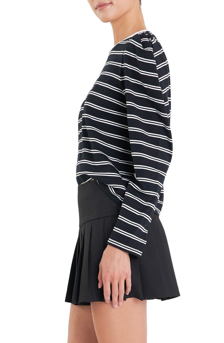 English Factory Stripe Puff Sleeve Top, Alternate, color, Black/ Off White