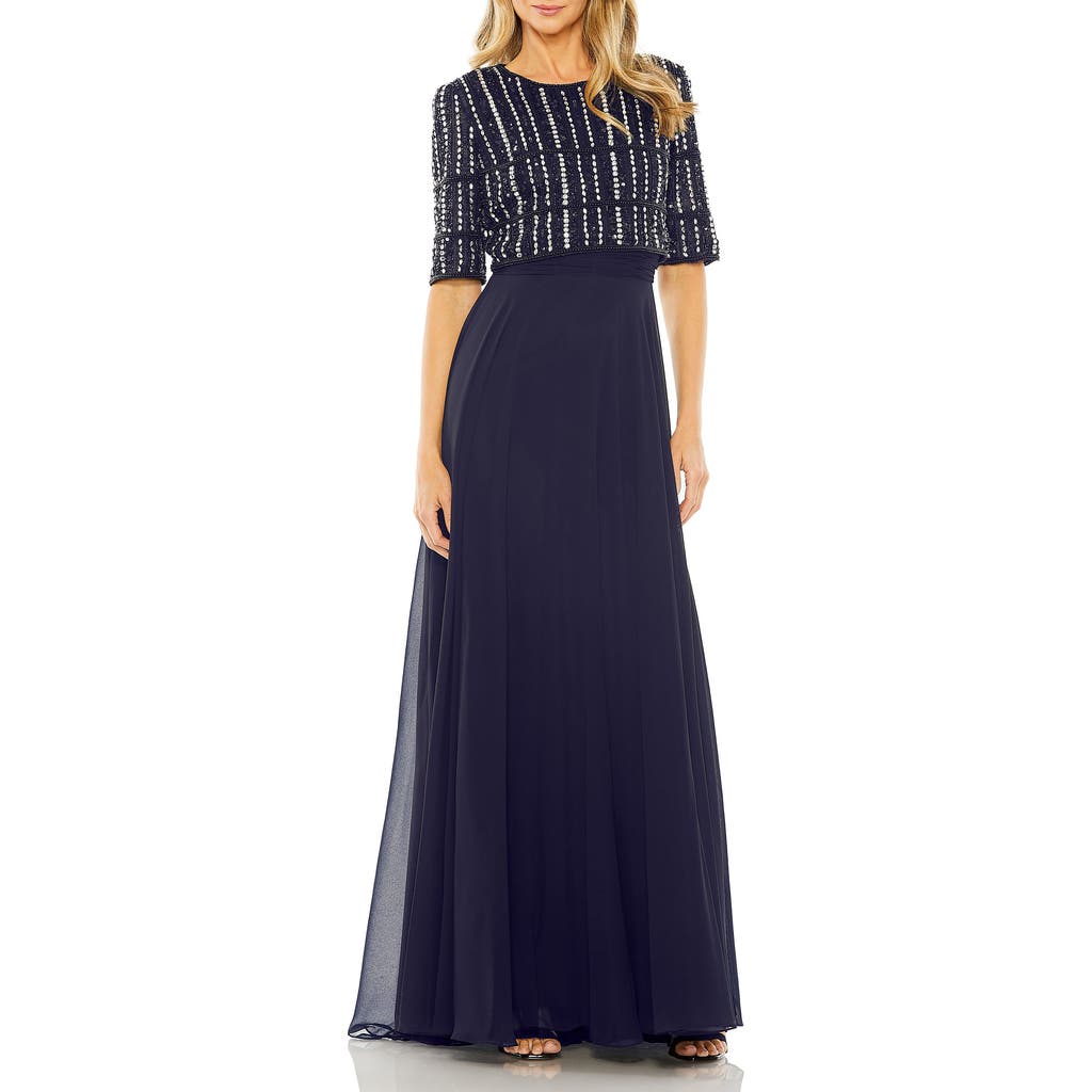 Mac Duggal Fully Beaded 3/4 Sleeves Top Chiffon Gown In Midnight