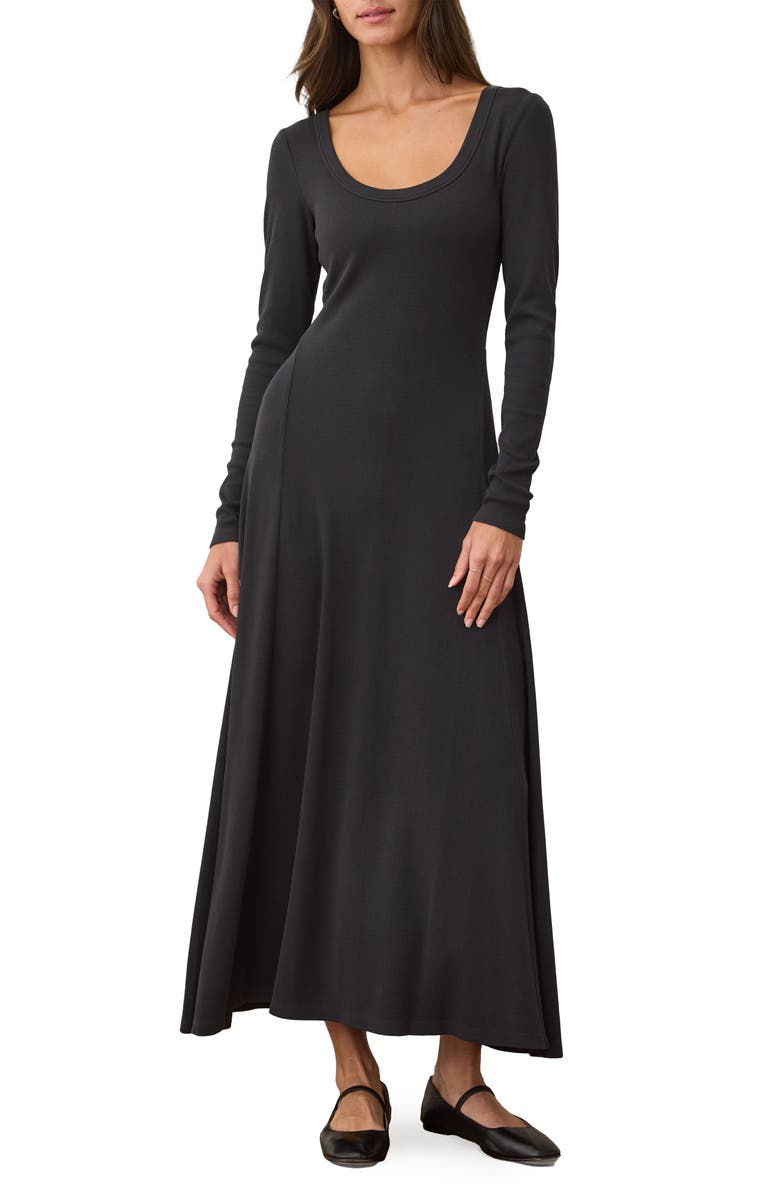 Marine Layer Lexi Long Sleeve Rib Fit & Flare Maxi Dress, Main, color, Black