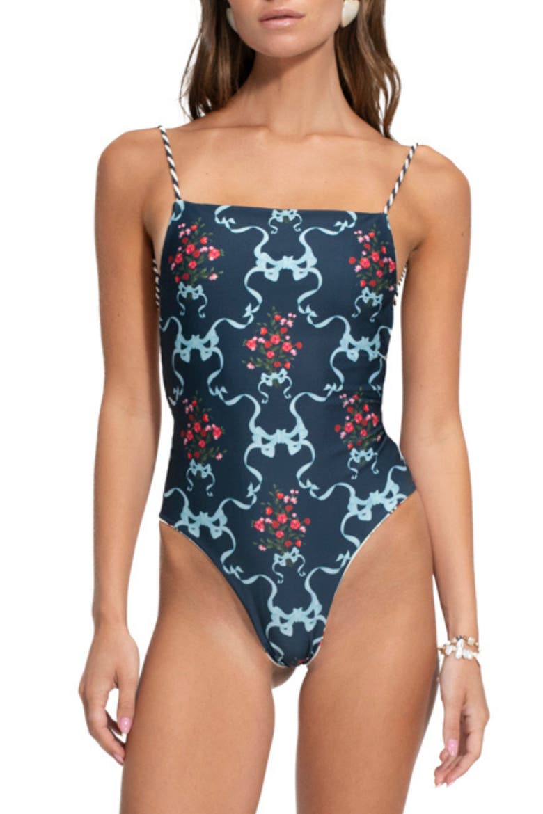 Kali Cherish Reversible Lace-Up One-Piece Swimsuit, Main, color, BLUE