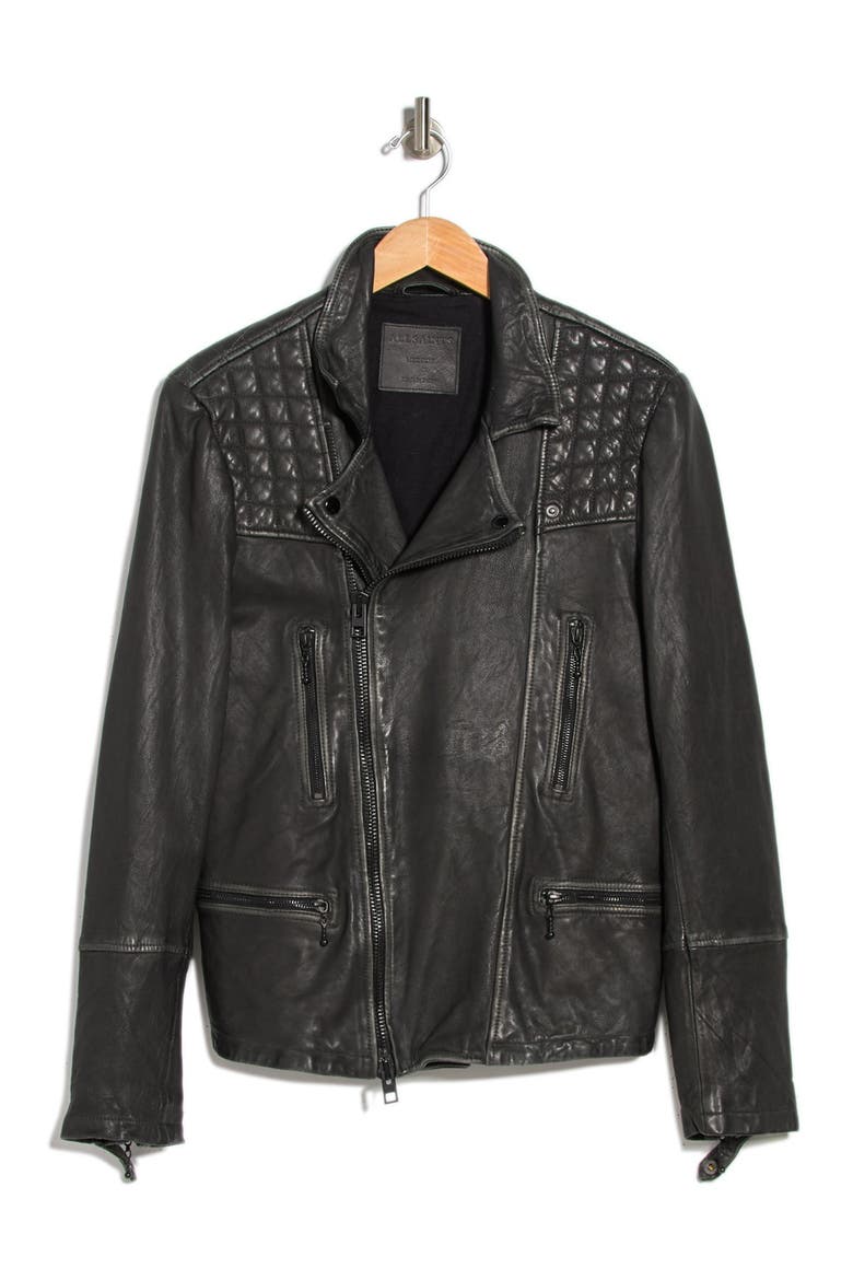 Cargo Biker Slim Fit Leather Jacket, Alternate, color, BLACK