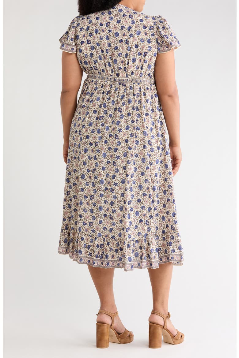 Flutter Sleeve V-Neck Dress, Alternate, color, ECRU/ DENIM LEAFY FERM