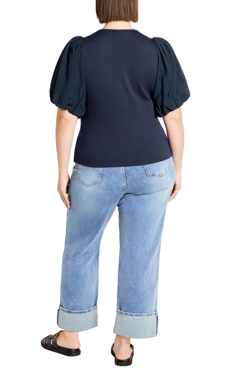 City Chic Kiki Puff Sleeve Mixed Media Top, Alternate, color, Navy