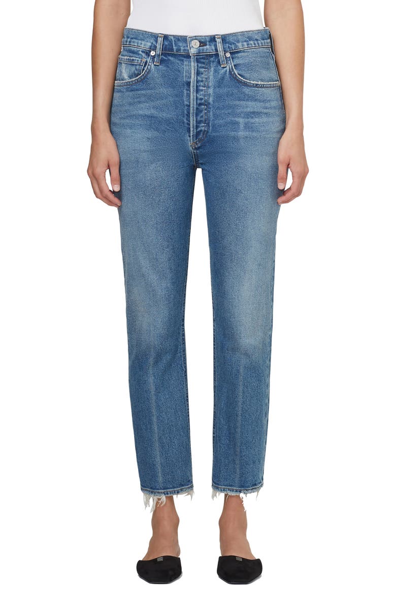 Jolene High Waist Slim Straight Leg Jeans, Main, color, DIMPLE MD/ DK IND W/ DAMAGE