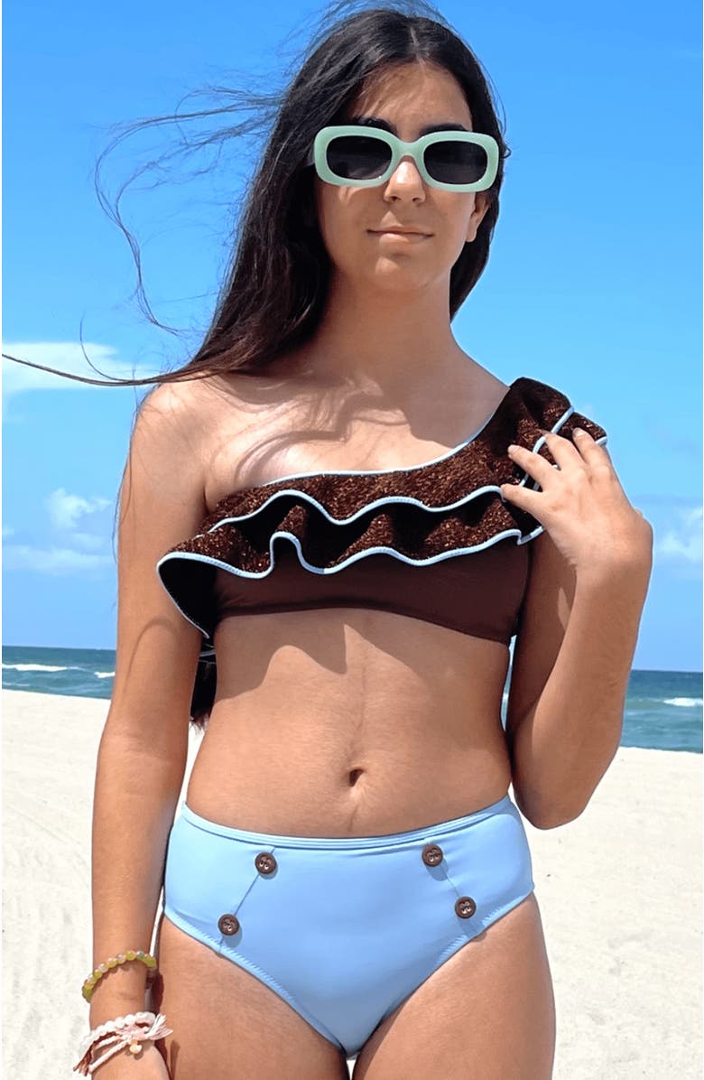 NESSI BYRD One Shoulder Multi-Layered Glitter Ruffle Two Piece Bikini, Little Kid-Big Kid, Alternate, color, Brown-Blue