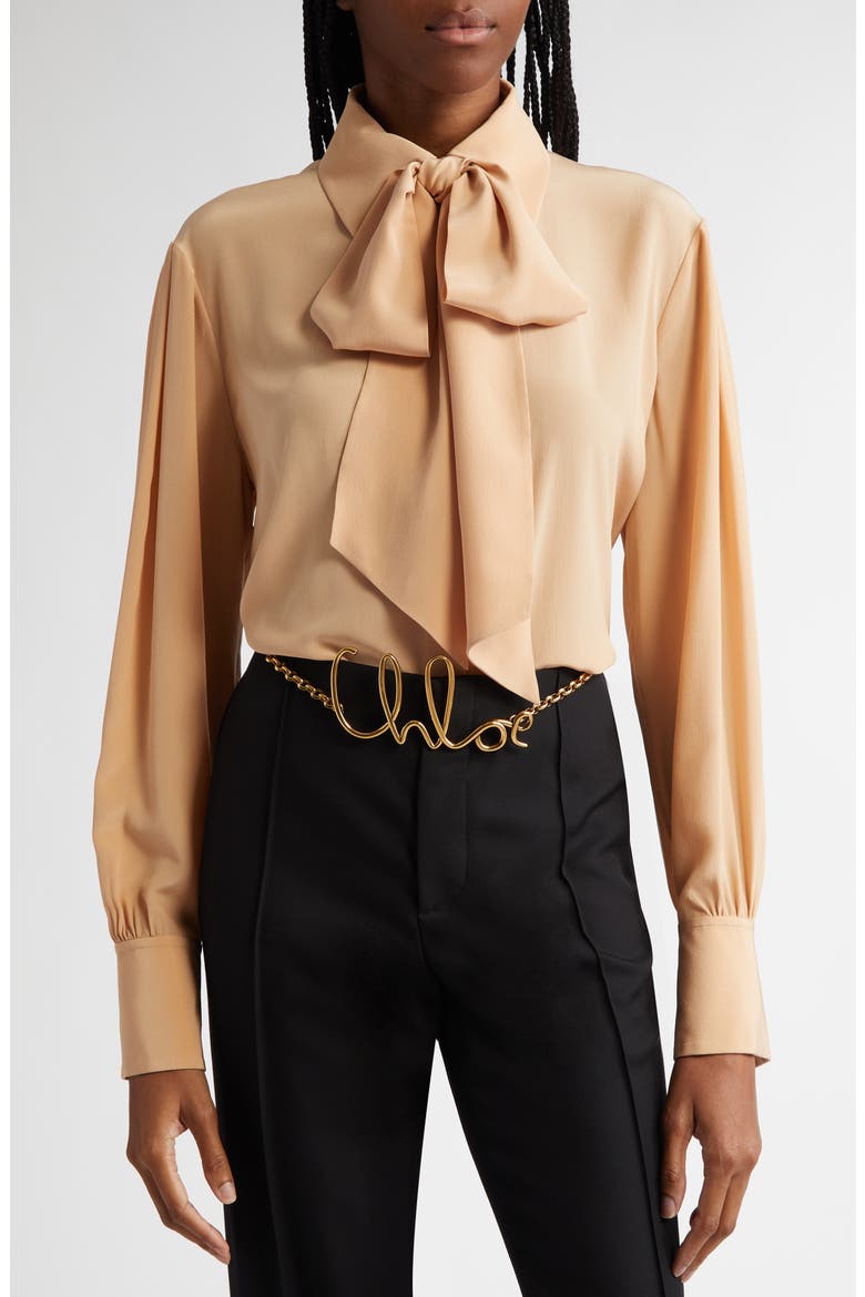 Tie Neck Silk Crêpe de Chine Button-Up Shirt, Main, color, SAND BROWN