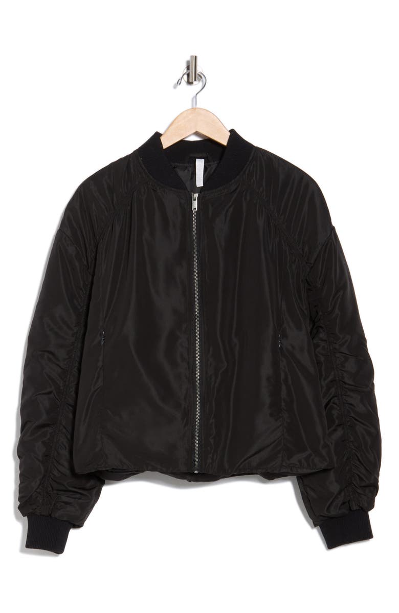 Z by Zella Ruched Sleeve Bomber Jacket, Alternate, color, Black