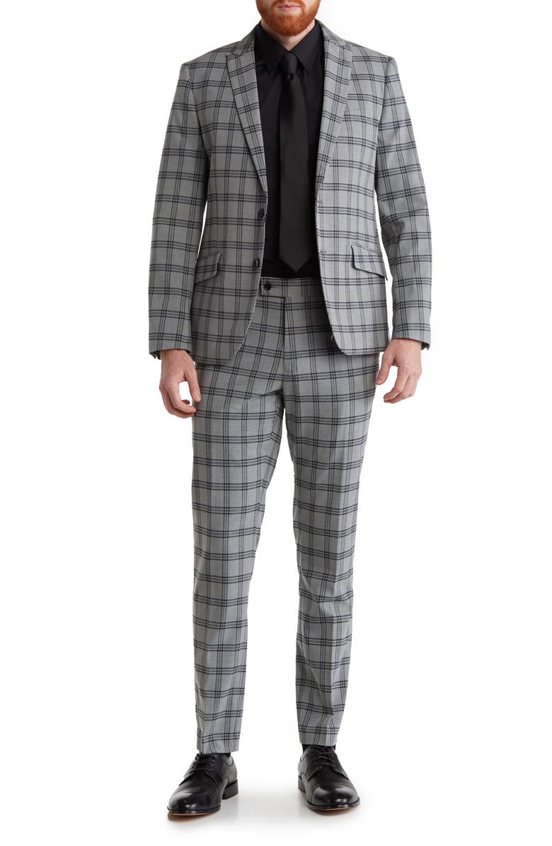 SAVILE ROW CO Grey Plaid Two Button Peak Lapel Suit, Main, color,