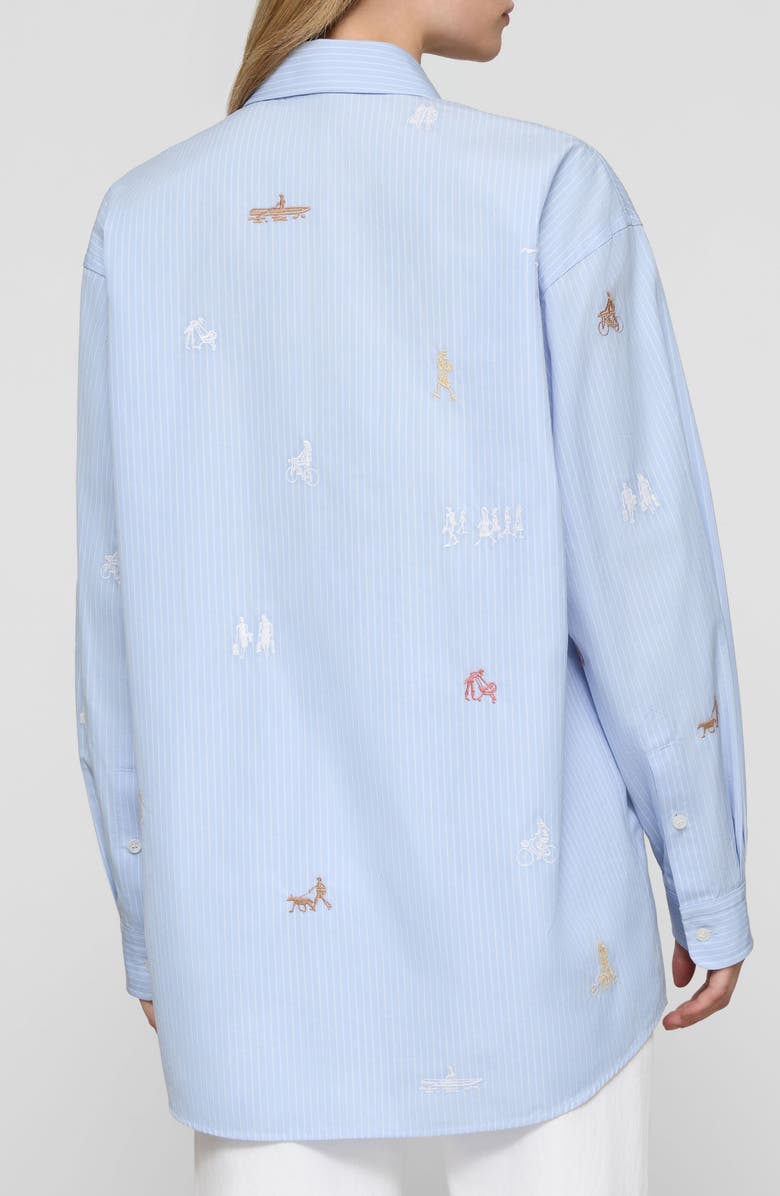 Lafayette 148 New York Oversize Stripe Emrboidered Poplin Button-Up Shirt, Alternate, color, Skyline Blue Multi