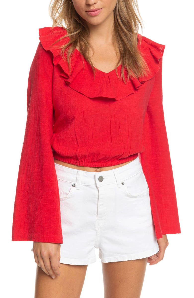 Roxy Paradise Is You Ruffle Trim Bell Sleeve Crop Top, Main, color,