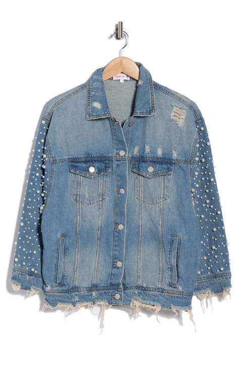 Faux Pearl Distressed Denim Jacket