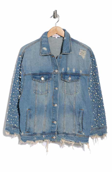 BLANKNYC Faux Pearl Distressed Denim Jacket