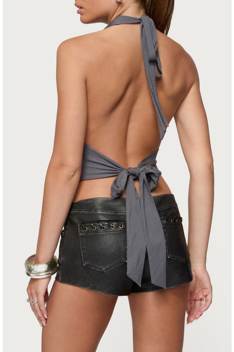 Nessie Ring Plunge Neck Open Back Halter Top, Alternate, color, GRAY