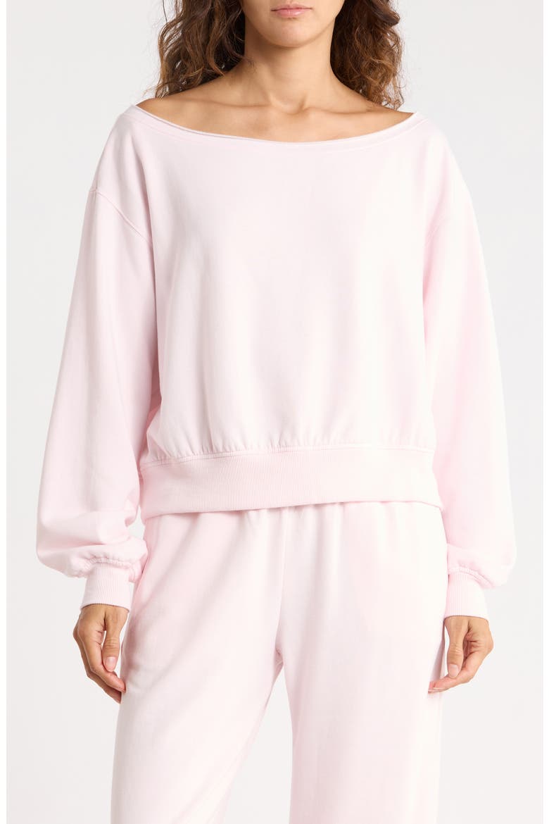 Loved Fleece Off the Shoulder Sweatshirt, Main, color, PINK PRIMROSE
