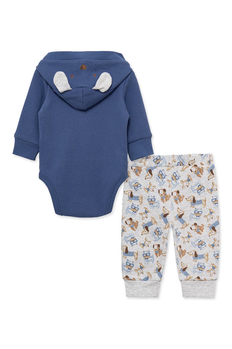 Puppy Waffle Hooded Bodysuit & Knit Pants Set, Alternate, color, BLUE