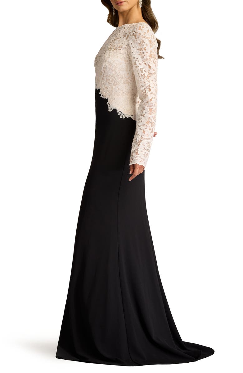 Tadashi Shoji Mixed Media Long Sleeve Sequin Lace Bodice Gown, Alternate, color, Ivory/ Black