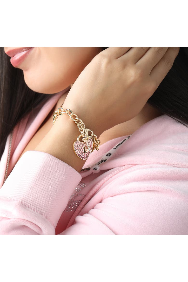Heart Padlock and Key Charm Bracelet, Ombre Pink Crystals, Alternate, color, Pink