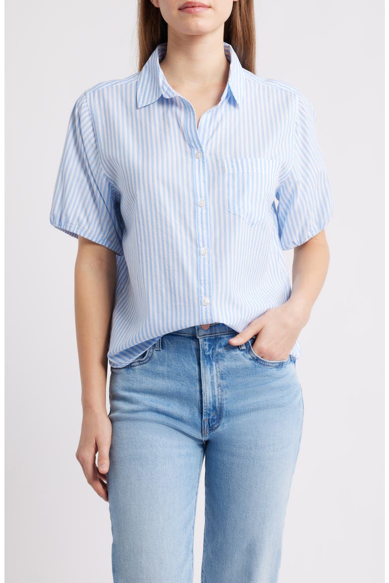 Corey Stripe Short Sleeve Cotton Blend Button-Up Shirt, Main, color, BLUE WAVE