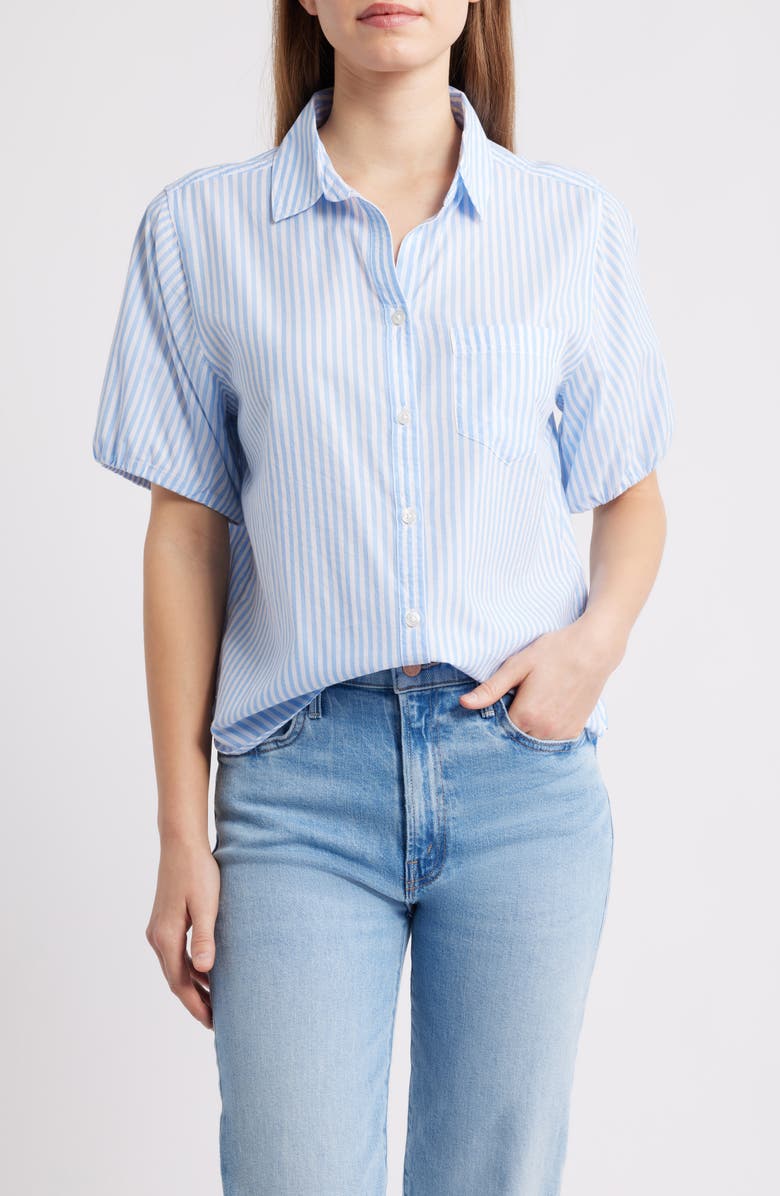 beachlunchlounge Corey Stripe Short Sleeve Cotton Blend Button-Up Shirt, Main, color, Blue Wave